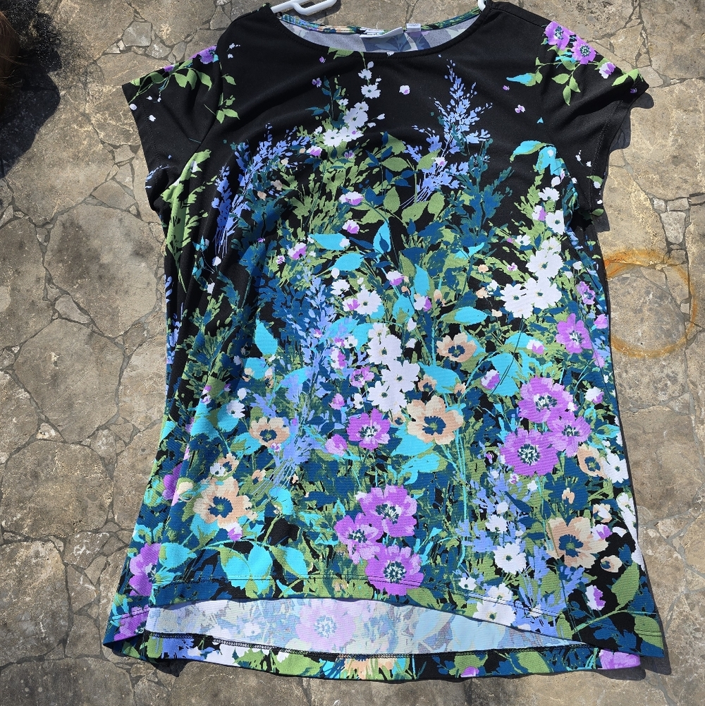 Susan Graver Black Floral Short Sleeve Tee with Teal & Purple